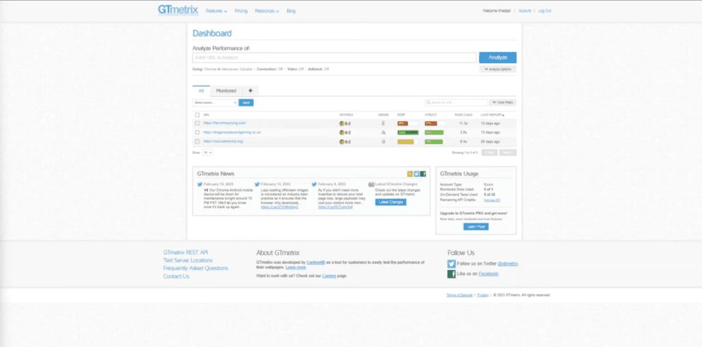 analysis your website's performance - GT Metrics