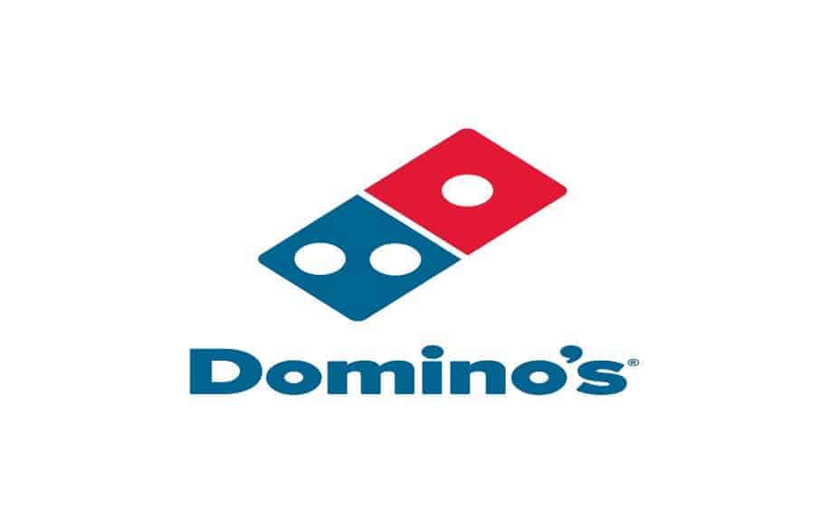 A photo of the Domino's Pizza logo, a blue and red domino with Domino's written under it