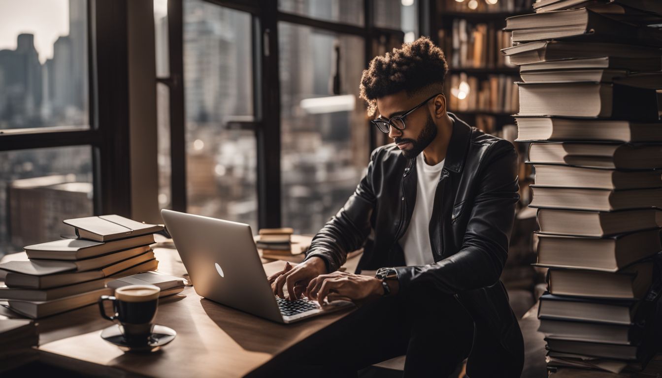 A person coding on a laptop surrounded by books and coffee.