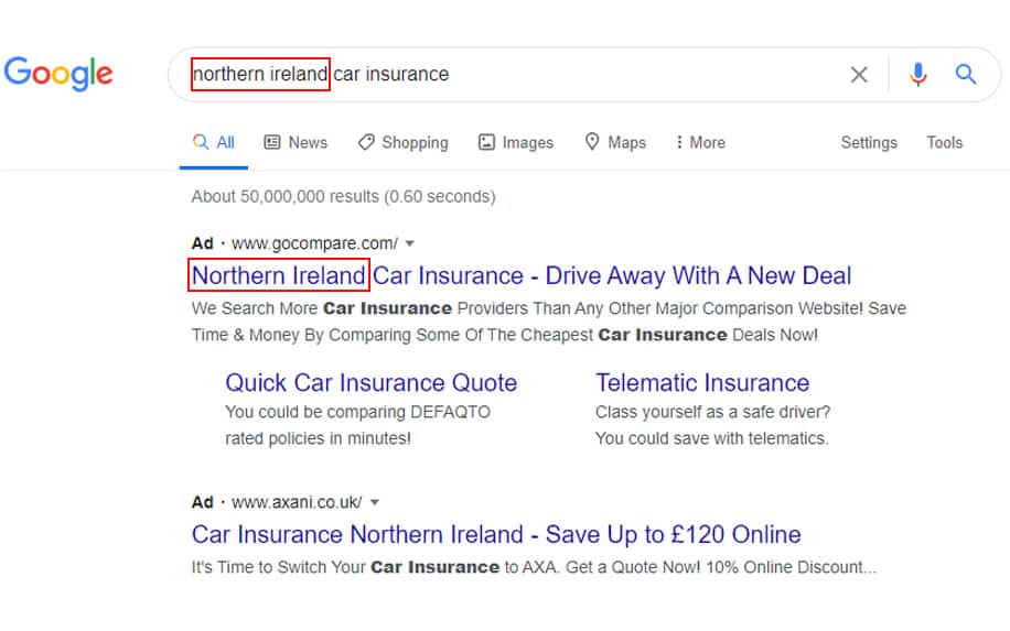 Example of dynamic keywords in google