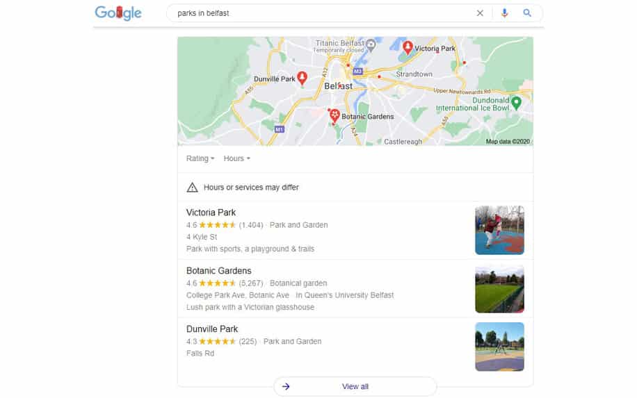 an example of a google local pack for "parks in Belfast"