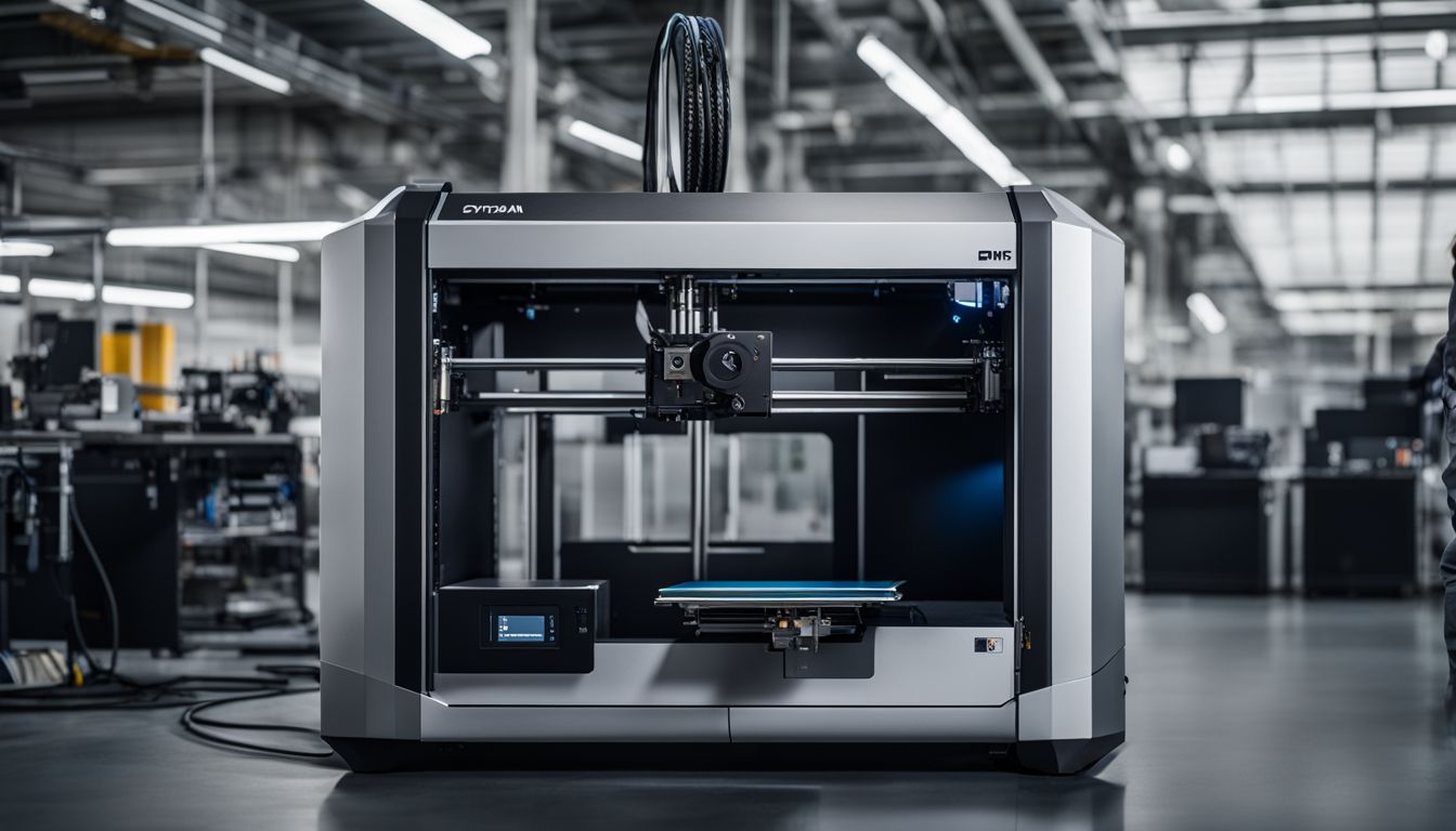 An industrial 3D printer in a modern manufacturing facility.