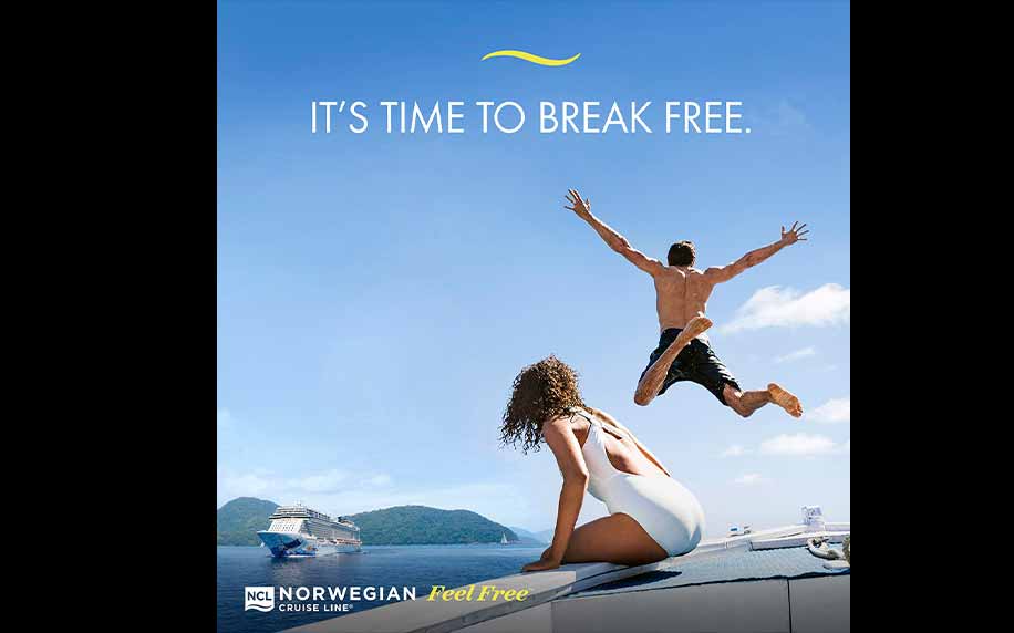 an advert for norwegian cruise line depicting a man jumping into a boat with the woman sitting on the side watching him