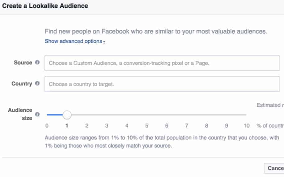 a screenshot of setting up a lookalike audience on facebook