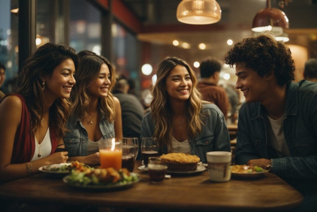 Group of friends talking and socialising over dinner