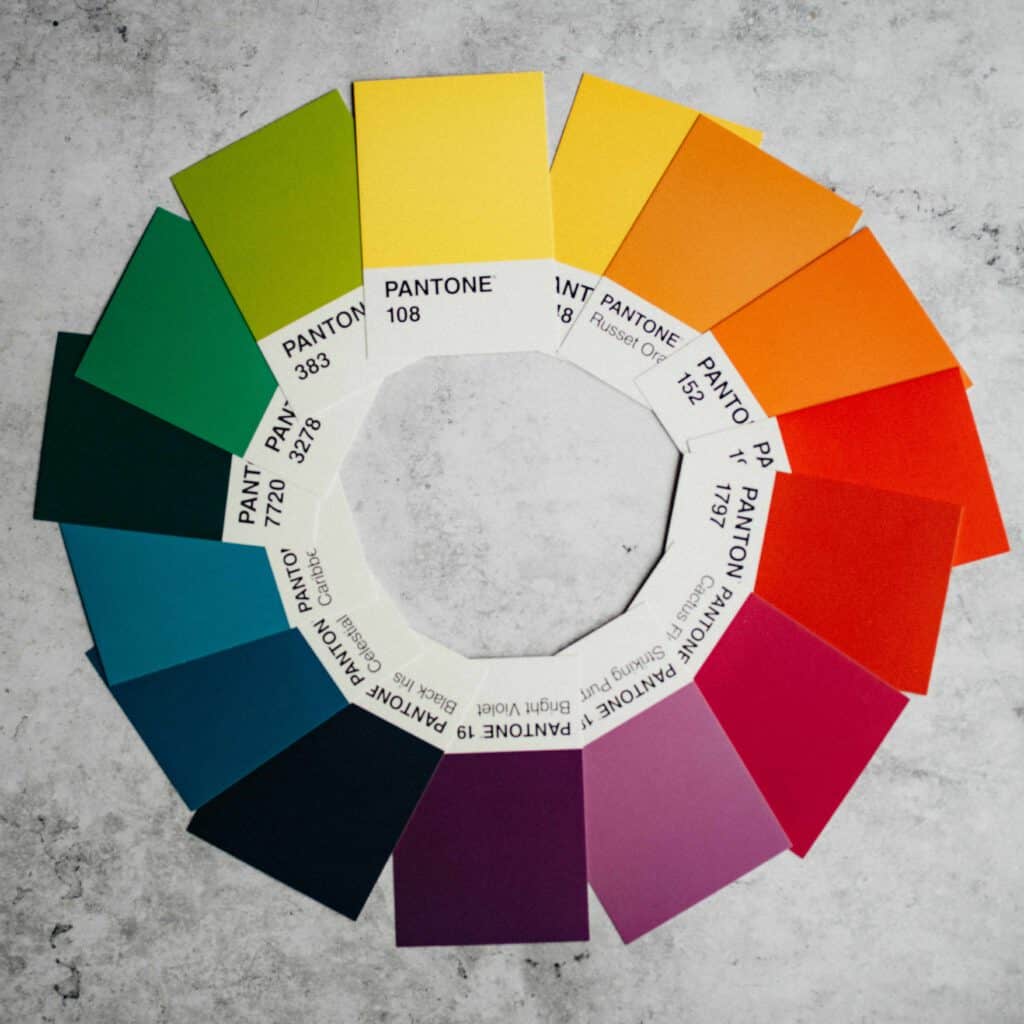 A colour wheel made out of Pantone brand colour swatches - Colour Scheme