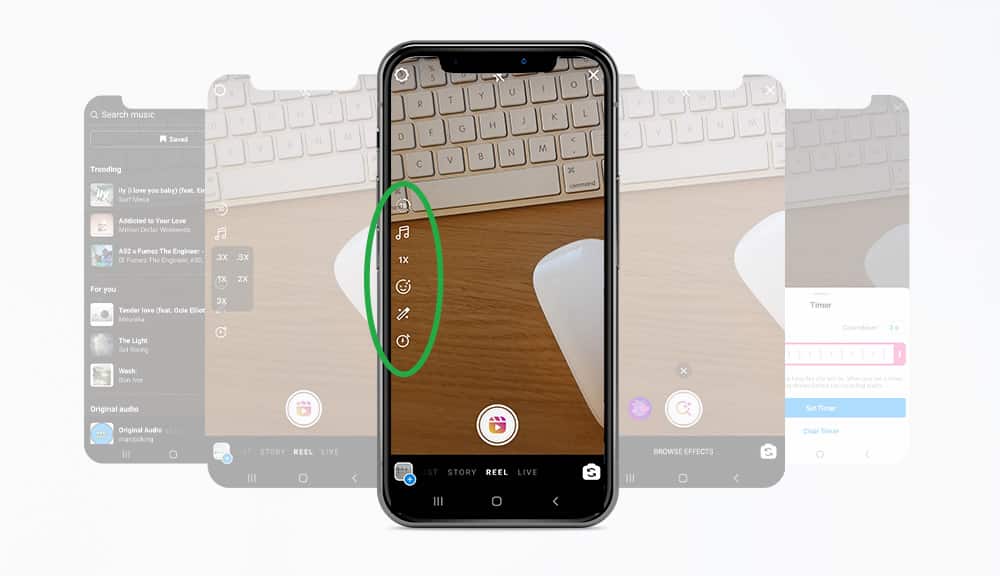 Phone camera with a keyboard in frame and a green circle at the left-hand side of the screen showing the editing tools icons