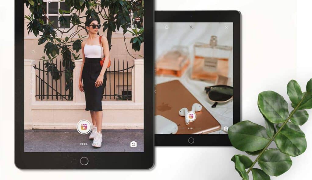 Flat lay of two tablets - one showing a well-dressed female blogger, the second showing a blurred picture of accessories. On the right-hand side, a green plant stem.