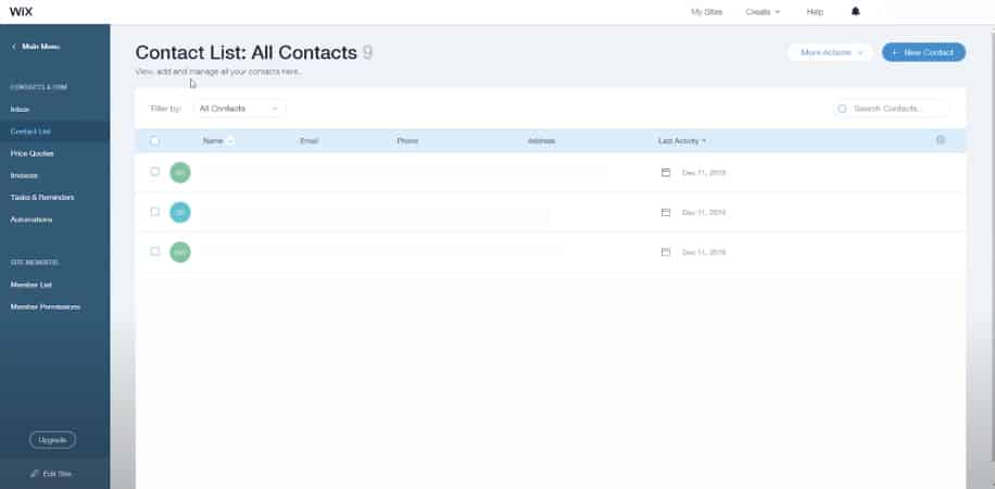 WIX contact list screenshot - Organising contact list WIX