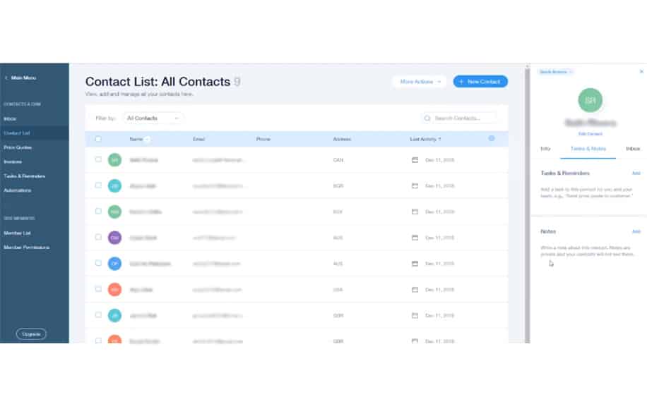 Edit contact list in WIX screenshot - Organising contact list WIX