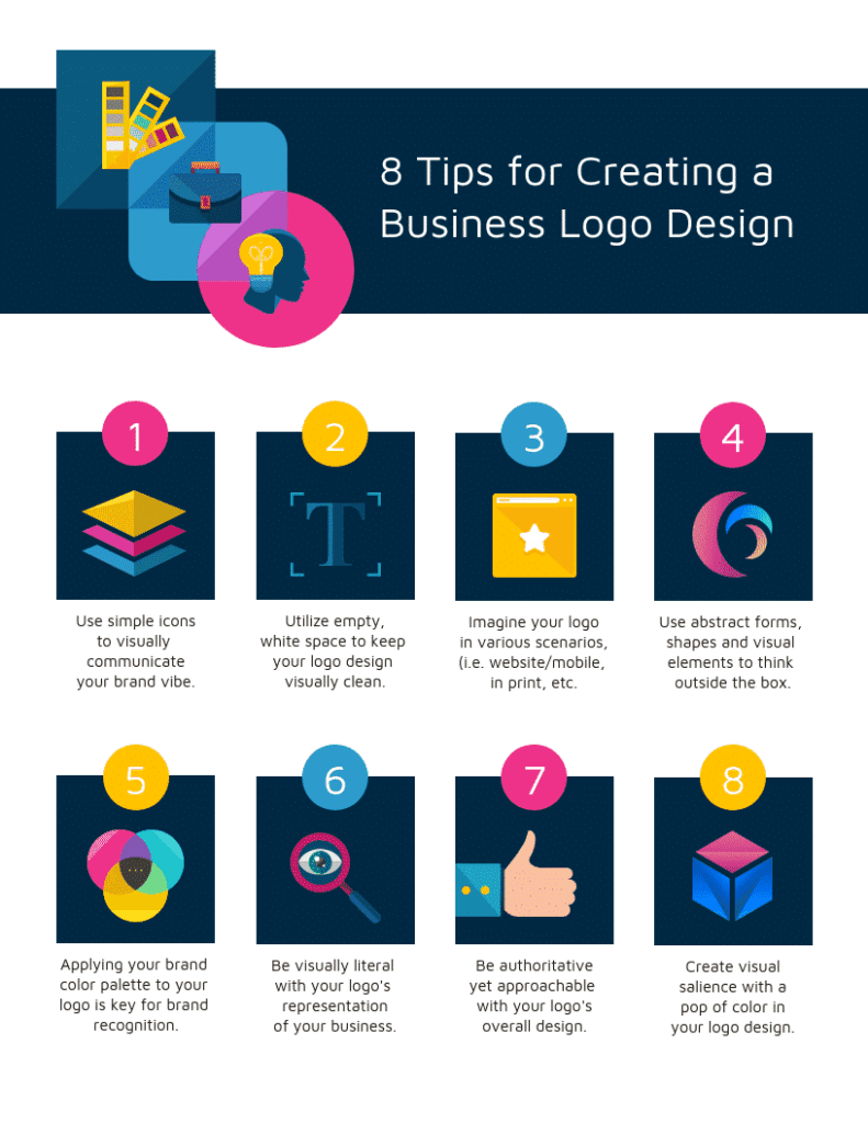 An infographic showing 8 different tips for creating your logo