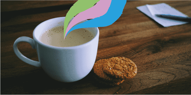 cup of tea on desk with two biscuits, with colourful waves (green, pink, blue) coming out of cup