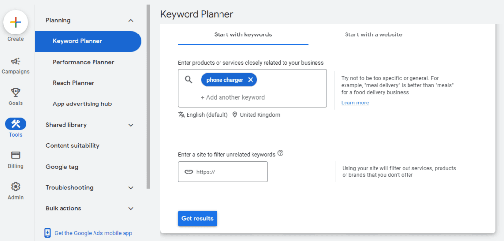 secondary keywords - Google Keyword Planner