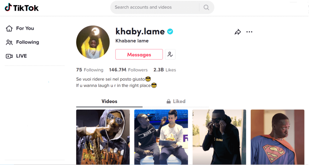 Khaby.Lame TikTok page- 146.7 Million followers