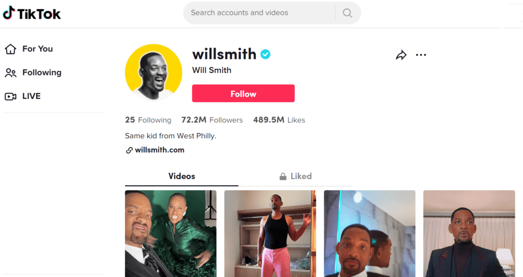 Will Smith is the only A-Lister in the Top 5 most-followers on TikTok. 